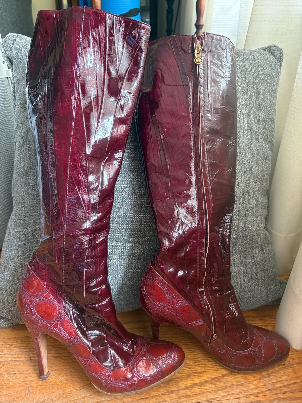 Gil Carvalho Burgundy Patent leather stiletto boots with Metallic Gold Interior